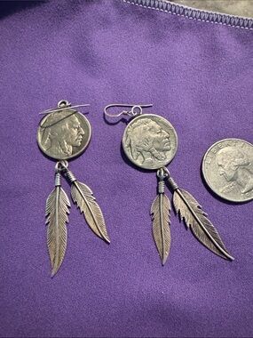 Buffalo Nickel Feather Dangle Earrings - Sterling silver feathers